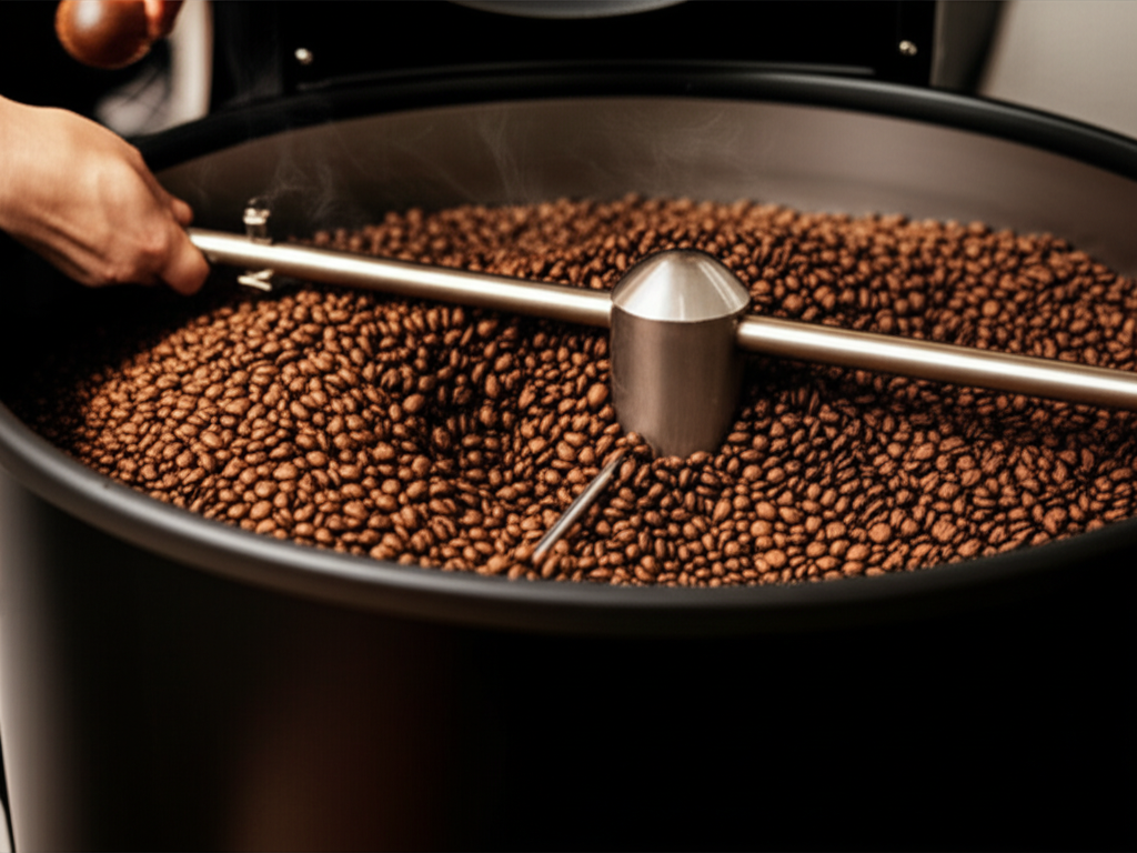 Coffee roasting process showing artisan attention to detail with coffee beans being carefully roasted